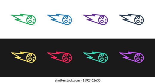 Set line Comet falling down fast icon isolated on black and white background.  Vector Illustration