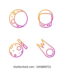 Set line Comet falling down fast, Satellites orbiting the planet Earth, Moon and Astronaut helmet. Gradient color icons. Vector