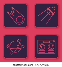 Set line Comet falling down fast, Satellites orbiting the planet Earth, Satellite and Celestial map of the night sky. Blue square button. Vector