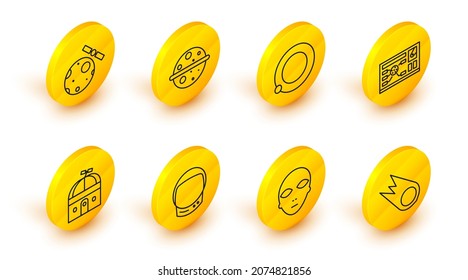 Set line Comet falling down fast, Alien, Astronaut helmet, Astronomical observatory, Futuristic hud interface, Satellites orbiting the planet Earth, Planet Venus and  icon. Vector