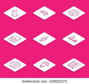 Set line Comet falling down fast, UFO flying spaceship, Planet Mars, Astronomical observatory, Astronaut, rover, Falling stars and Saturn icon. Vector