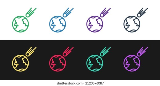 Set line Comet falling down fast icon isolated on black and white background.  Vector Illustration