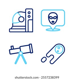 Set line Comet falling down fast, Telescope, Alien and Astronaut helmet icon. Vector