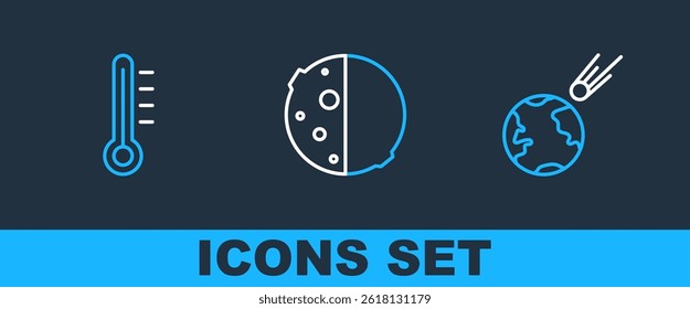 Set line Comet falling down fast, Meteorology thermometer and Eclipse of sun icon. Vector