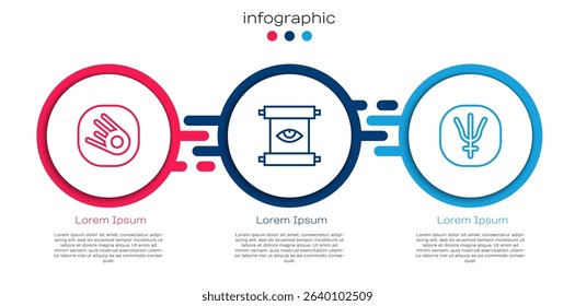 Set line Comet falling down fast, Ancient magic scroll and Neptune planet. Business infographic template. Vector