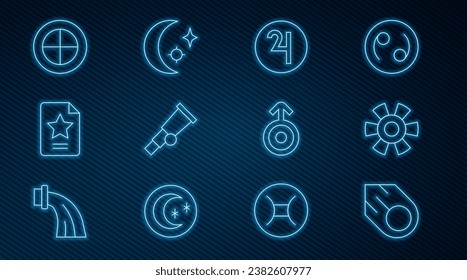 Set line Comet, Sun, Symbol Jupiter, Telescope, Star constellation zodiac, Earth globe, Uranus and Moon and stars icon. Vector
