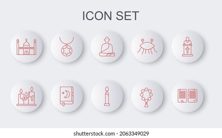 Set line The commandments, Burning candles, Buddhist monk, Rosary beads religion, Muslim Mosque, Star of David necklace chain, Holy book Koran and  icon. Vector