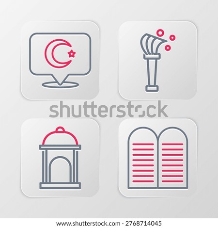 Set line The commandments, Muslim Mosque, Aspergillum and Star crescent icon. Vector