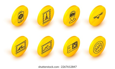 Set line Compass, Action extreme camera, Postal stamp and Mountains, Egypt pyramids, Drone flying with action video, Map pointer Coliseum Rome, Italy, Eiffel tower and Passport ticket icon. Vector