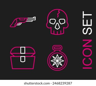 Set line Kompass, Antike Schatztruhe, Totenkopf und Klassische Pistolen-Ikone. Vektorgrafik