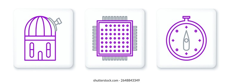Set line Compass, Astronomical observatory and Processor icon. Vector