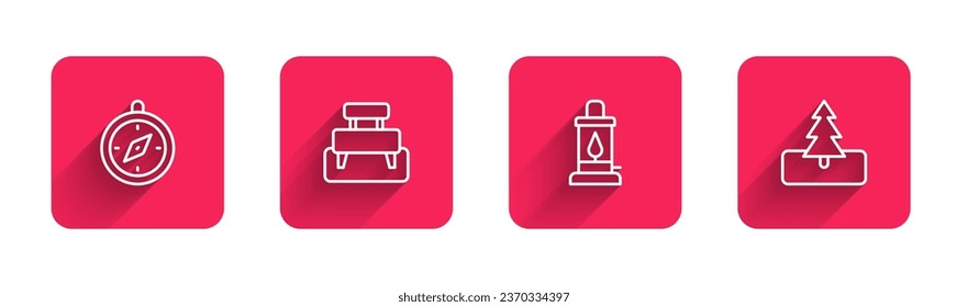 Set line Compass, Bench, Camping lantern and Tree with long shadow. Red square button. Vector