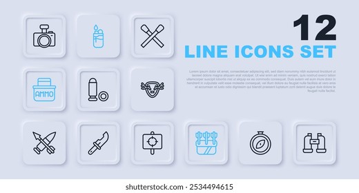 Brújula, binoculares, bala, carcaj con flechas, caja de municiones, cuchillo de cazador, encendedor e icono de deporte objetivo. Vector