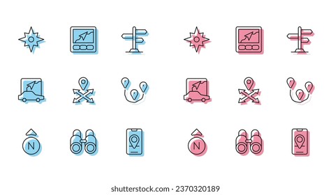 Set line Compass, Binoculars, Wind rose, City map navigation, Location, Route location,  and Gps device with icon. Vector