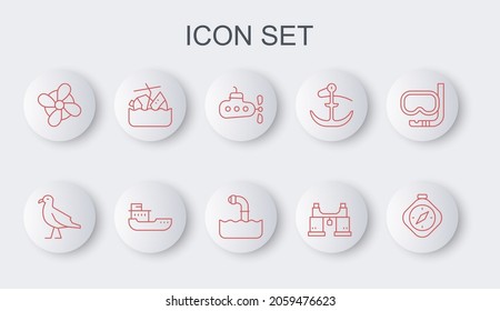 Set Line Compass, Bird Seagull, Submarine, Binoculars, Boat Propeller, Sinking Cruise Ship, Cargo And Periscope Icon. Vector