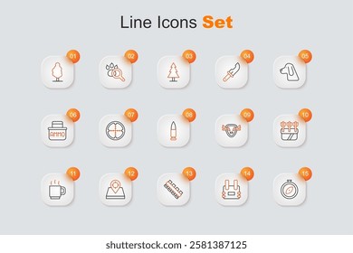 Set line Compass, Bulletproof vest, Hunting cartridge belt, place, Coffee cup, Quiver with arrows, Deer antlers on shield and  icon. Vector