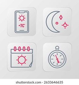 Set line Compass, Calendar and sun, Moon stars and Weather forecast icon. Vector