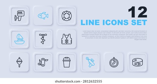 Set line Compass, Canned fish, Hand ice drill, Fishing harpoon, Yacht sailboat, Swiss army knife,  and bucket icon. Vector