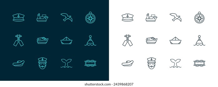 Set line Compass, Captain of ship, Folded paper boat, Whale tail, Speedboat, Bird seagull, hat and Cargo icon. Vector