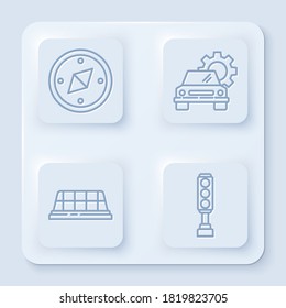 Set line Compass, Car service, Taxi car roof and Traffic light. White square button. Vector