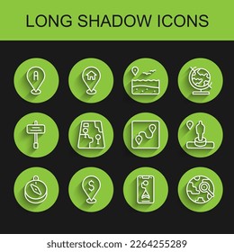 Set line Compass, Cash location, Location, City map navigation, Magnifying glass with globe, and monument and Route icon. Vector