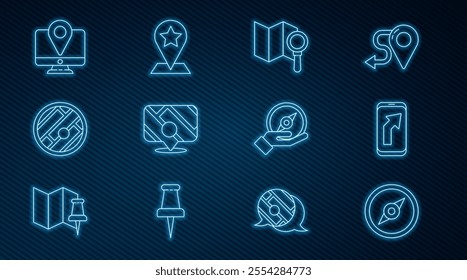 Set line Compass, City map navigation, Search location, Infographic of city, Folded with, Monitor marker,  and Map pointer star icon. Vector