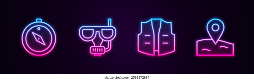 Set line Compass, Diving mask and snorkel, Fishing jacket and Location fishing. Glowing neon icon. Vector