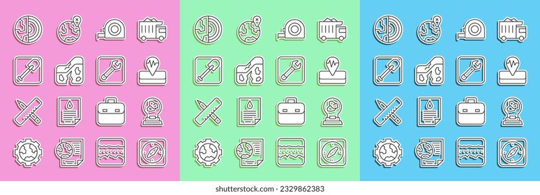 Línea Compass, Exposición con minerales, rocas, Terremoto, construcción de la ruleta, falla geológica, pala, corteza de la estructura central e icono del spanner Wrench. Vector