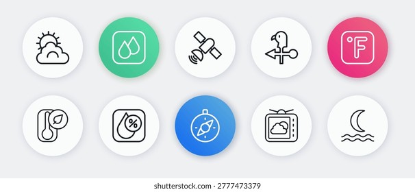Set line Compass, Fahrenheit, Thermometer, Weather forecast, Rooster weather vane, Satellite, Night fog smoke and Water drop percentage icon. Vector