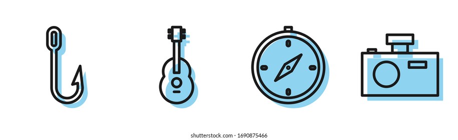 Set line Compass, Fishing hook, Guitar and Photo camera icon. Vector
