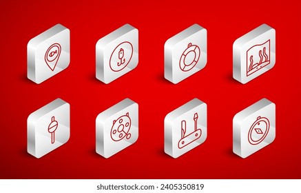 Línea Compass, gancho de pesca, Lifebuoy, Acuario, cuchillo del ejército suizo, Pesca de localización, Rodillo giratorio para y icono flotante. Vector