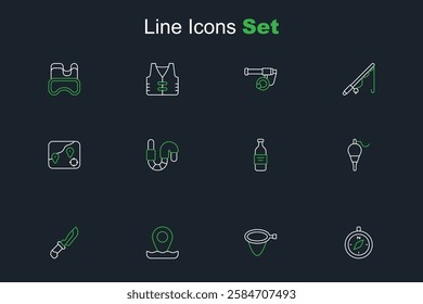 Set line Compass, Fishing net, Location fishing, Knife, float, Bottle of vodka, Worm and  icon. Vector