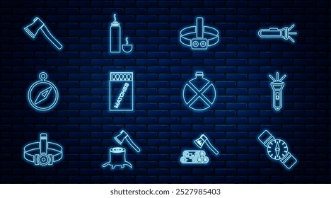 Set line Compass, Flashlight, Head flashlight, Open matchbox and matches, Wooden axe, Canteen water bottle and Thermos container icon. Vector