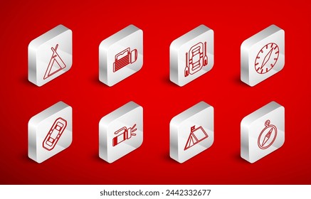 Set line Compass, Flashlight, Rafting boat, Tourist tent with flag,  and  icon. Vector