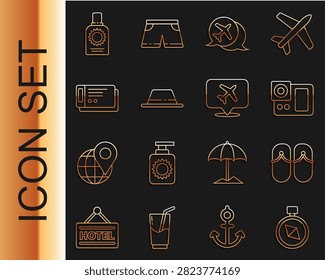 Set line Compass, Flip flops, Photo camera, Speech bubble with airplane, Man hat ribbon, Travel ticket, Sunscreen spray bottle and  icon. Vector