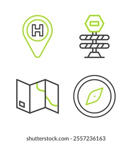 Set line Compass, Folded map, Road barrier and Helicopter landing pad icon. Vector