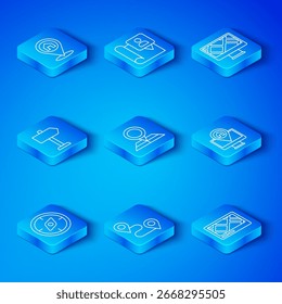 Set line Compass, Folded map with location marker, Route, Monitor, Road traffic sign, Location house and Gps device icon. Vector