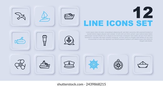 Set line Compass, Folded paper boat, Spyglass telescope lens, Ship steering wheel, Submarine, Speedboat, Yacht sailboat and Captain hat icon. Vector