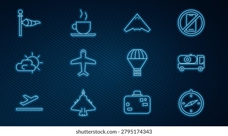 Set line Compass, Fuel tanker truck, Jet fighter, Plane, Sun and cloud weather, Cone meteorology windsock wind vane, Box flying parachute and Coffee cup icon. Vector