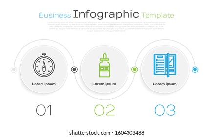 Set line Compass, Glass bottle with a pipette and Notebook. Business infographic template. Vector