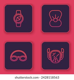 Set line Compass, Glasses and cap, Shell with pearl and Diving mask. Blue square button. Vector