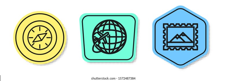Set line Compass, Globe with flying plane and Postal stamp and Mountains. Colored shapes. Vector