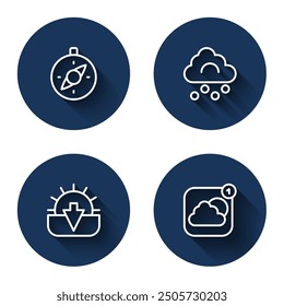 Set line Compass, Hail cloud, Sunset and Weather forecast app with long shadow. Blue circle button. Vector