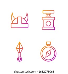 Set Line Compass, japanische Ninja Shuriken, Viking in Horn Helm und Handle Detonator für Dynamit. Farbsymbole. Vektorillustration