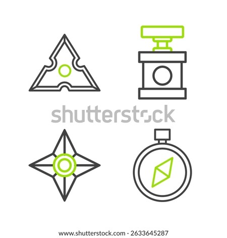 Set line Compass, Japanese ninja shuriken, Handle detonator for dynamite and  icon. Vector