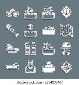 Set line Compass, Jellyfish, Pirate treasure map, Sinking cruise ship, Periscope, Dead, Binoculars and Sharp stone reefs icon. Vector