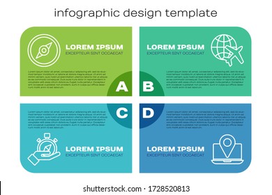 Set line Compass, Compass, Laptop with location marker and Globe with flying plane. Business infographic template. Vector