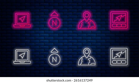 Set line Compass, Location on the globe, Laptop with location marker and Gps device map. Glowing neon icon on brick wall. Vector