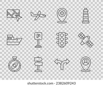 Establecer la línea de brújula, la ubicación con la persona, cruzar el hospital, la señal de tráfico, la navegación del mapa de la ciudad, el estacionamiento y el icono de satélite. Vector