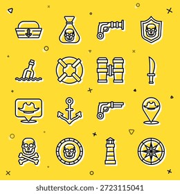 Definir linha Bússola, Localização pirata, Espada pirata, pistolas vintage, Lifebuoy, Garrafa com água de mensagem, chapéu de marinheiro e ícone binóculos. Vetor